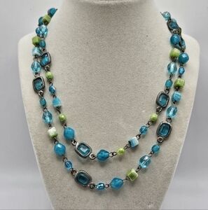 VINTAGE Blue and Green Glass Beaded Double Strand Necklace